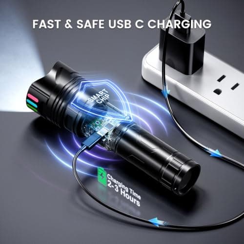 Super Bright Flashlight 100000 High Lumens Rechargeable,Powerful Long Distance 3280ft Strong LED Flash Lights,Long Lasting 10H LCD Digital USB Discharging Function,Focus & Brightness Adjustable - Thumbnail 4