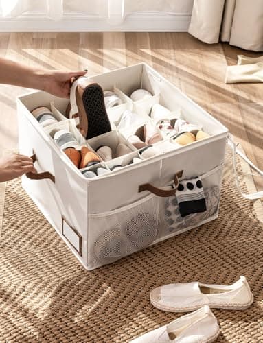 StorageWorks Shoe Organizer for Closet, Shoe Storage Bins with Clear Lid, Fabric Shoe Boxes with Side Mesh Pockets, Shoe Organizer Bin for Slippers and Flats, Holds Up to 16 Pairs, Beige - Thumbnail 6