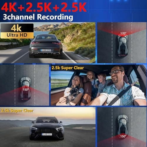 Eivikga 4K+2.5K+2.5K Dash Cam, STARVIS 2 Sensor, Dash Camera 3-Channel, Free 64GB Card, Dashcam with 5G WiFi GPS, G-Sensor,Loop Recording, HDR, 24H Parking Monitor, Time-Lapse Recording, 256GB Max - Thumbnail 2