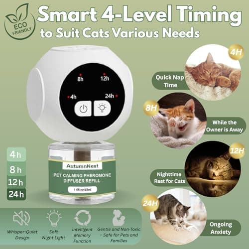 AutumnNest Cat Calming Pheromones Diffuser Kit with Timer – 2 Plug-Ins + 4 Refills (48ml) – 4-Level Timing – Stress Relief for Cats – Helps with Hiding, Scratching, Urine Marking, Travel, Vet Visits - Thumbnail 2