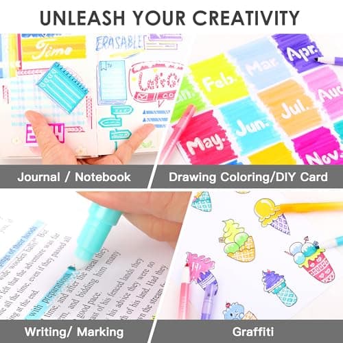 HANKU Erasable Highlighters Assorted Colors Pens, Dual Tip 10 Colors Erasable Markers, Smooth Writing Book Journaling Highlighters for Journaling Coloring Doodling Supplies - Thumbnail 5