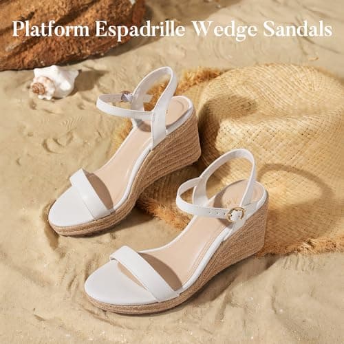 Ankis Platform Wedge Sandals for Women, White Espadrille Womens Wedge Sandals Comfortable Open Toe Ankle Strap High Heel Wedges for Women Dressy Summer -3.4Inch - Thumbnail 6