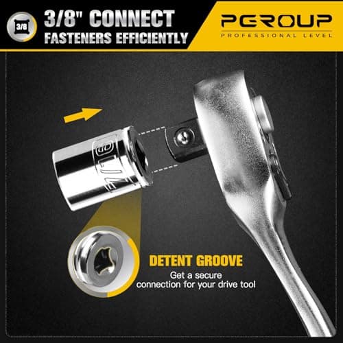 pgroup 10PCS 3/8” Drive Shallow Socket Set, SAE (5/16"-7/8"), 6-Point, Cr-V Steel, Full Polished Chrome Plated Socket With Hanging Bracket, Cover Most Commonly Sizes - Thumbnail 5