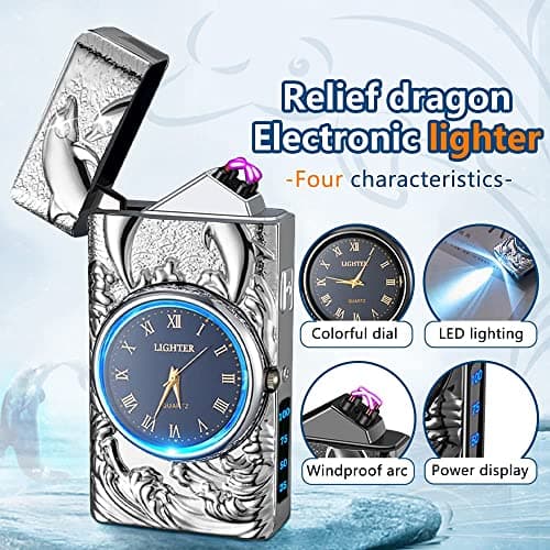 GADATOP Electric Lighters Rechargeable Cool Lighters Vintage Design Plasma Lighter with 3D Dolphin Clock LED Light for Camping Giving (Silver) - Thumbnail 3