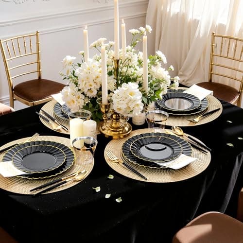 Ciaell 175 PCS Black Scalloped Plastic Plates with Gold Trim - Black Plastic Silverware with Handle - Fancy High-End Dinnerware Sets for Wedding & Party - Thumbnail 6