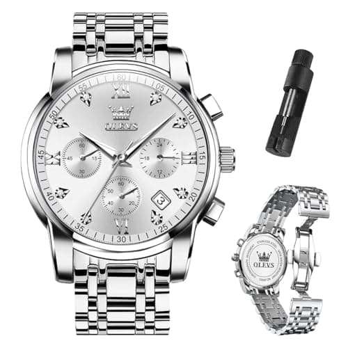 OLEVS Watch Men Silver Watches for Men Stainless Steel Analog Quartz Mens Watches Dress Waterproof Metal Band Luxury Wrist Watch for Man with Day Date Diamond Large Face Chronograph Reloj para Hombre - Image 1