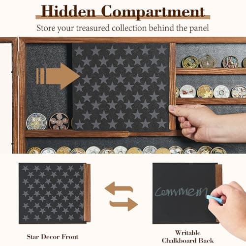 Challenge Coin Display Case, 27.6" x 18.3" Lockable Military Coin Holder Cabinet with Removable Star Board, Solid Wood Coins Cases for Collectors Plexiglass Coins Rack Stand - Thumbnail 3