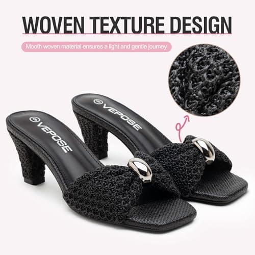 Vepose Women's Woven Ring Charm Mule Heels Square Open Toe Sandals - Thumbnail 3