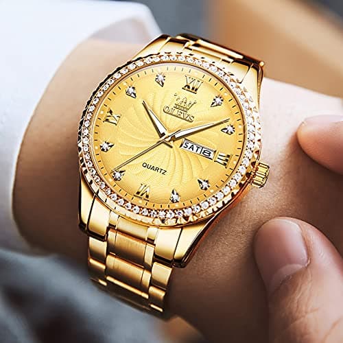Fashion Gold Watches for Men Diamond Luxury Men's Wrist Watch with Day Date Waterproof Golden Stainless Steel Big Face Luminous Classic Dress Male Watches Casual Analog Quartz Watch for Young Man - Thumbnail 2