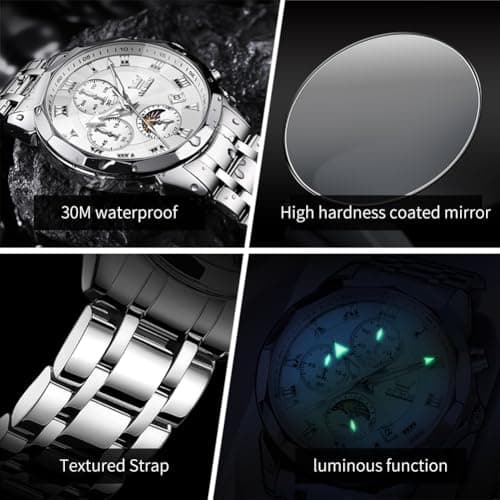 OLEVS Watch Men Luxury Sliver Stainless Steel Dress Waterproof Wrist Watches for Men Classic Analog Quartz Moon Phase Chronograph Battery Luminous Men Watch Relojes De Hombre - Thumbnail 5
