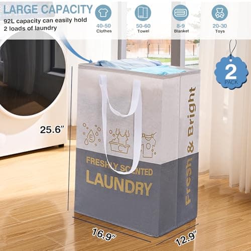 ELONG HOME 2 Pack Laundry Baskets, 92L Freestanding Laundry Basket with Handles, Waterproof Tall Collapsible Clothes Hamper for Dorm, Bedroom, Bathroom - Thumbnail 3