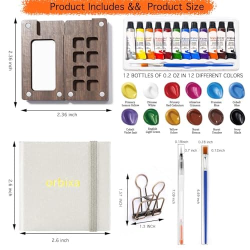 orbixa Mini Watercolor Palette Paint Set Travel Size - 12 Color Paint with 8-Wooden Grid Palette,Mini Sketchbook & Brushes | Portable Artist Supplies Kit for Students, Beginners, Outdoors Use (gray) - Thumbnail 2
