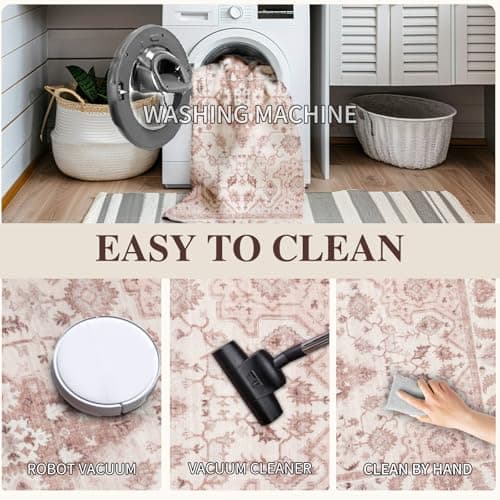 Area Rug 9x12 for Living Room Soft Machine Washable Low Pile Area Rugs Vintage Boho Bedroom,Dinner Room Non-Slip Carpet Rug- Light Pink - Thumbnail 3