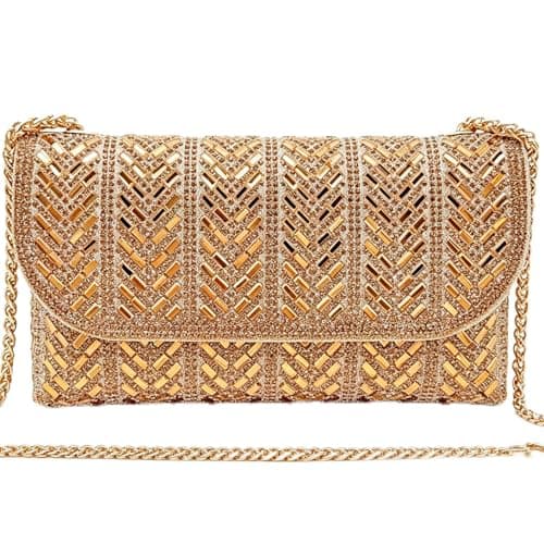 LUKLUKTAISUN 2026 Rhinestones Clutch Purses for Women 3d Evening Bags PU Leather Handbag for Cocktail Prom Party Wedding(Gold) - Image 1