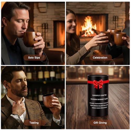 Solunvia Charred Wooden Bourbon Drinking Glass Wooden Whiskey Glasses Set of 2 with 6 Stainless Steel Whiskey Stones and Tongs Old Fashioned Glass Bourbon Gifts for Men (2 Pack – Tube Gift Box) - Thumbnail 5
