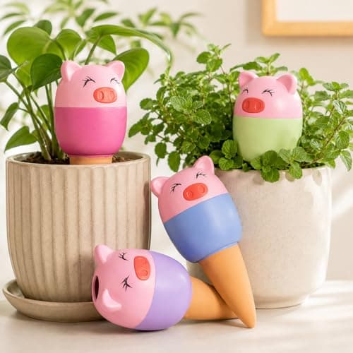Yeswhat Self Watering Plant Spikes 4 Pack, Terracotta Automatic Plant Waterer for Indoor Outdoor Plants, Slow Release Watering Stakes, Vacation Watering Devices for Potted Plants Garden Decor (Pig) - Image 1