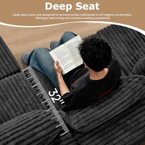 PATAVOT 104 Inch Cloud Couch Sectional,Corduroy Boneless Couches for Living Room,L-Shaped Modular Sectional Sofa with Removable Ottoman and Deep Seat,No Assembly Required,Black - Thumbnail 3