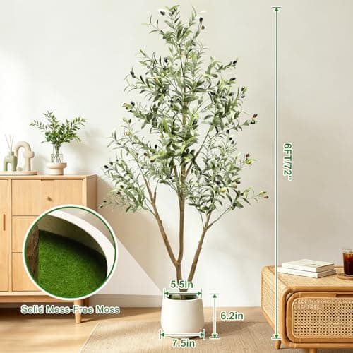 TNELTUEB 6FT Artificial Olive Tree Indoor with Lights & Planter, Realistic Faux Olive Trees with Lifelike Fruits for Living Room Decor, Tall Fake Silk Plants for Modern Home Office - Thumbnail 2