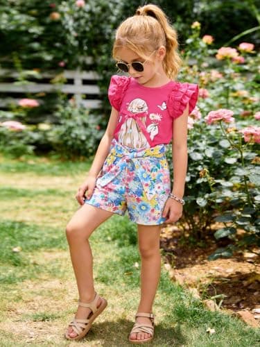 AMAWMW Girls 2 Piece Outfit Summer Clothes Ruffle Sleeve Shirts Top Paperbag Waist Shorts With Pockets Kids Clothing Set, Hot Pink, 11-12 Years - Thumbnail 5