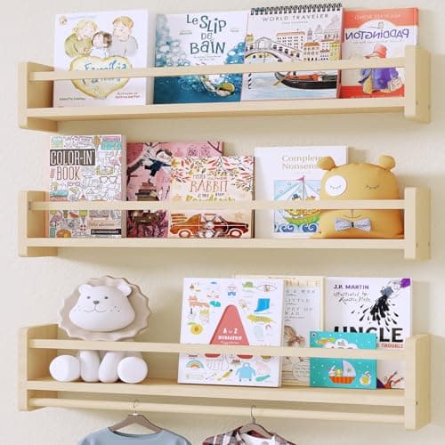 MXCSE Nursery Floating Bookshelf for Kids, Wall Mounted Kids Book Shelf with Toy Storage, Pine Wood Nursery Shelves for Playroom, Bedroom, Toddler Room, Set of 3 - Image 1