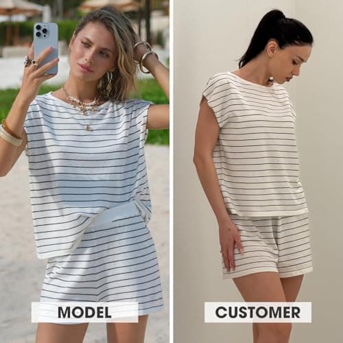 EXLURA Womens 2 Piece Sweater Sets Stripe Cap Sleeve Knit Tops Shorts Set Faux Cashmere Summer Beach Vacation Cruise Outfit - Thumbnail 2