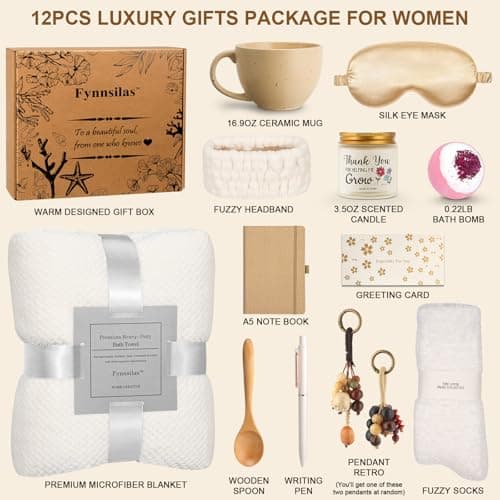 Fynnsilas Stress Relief Spa Gift Box for Women – 12pc Self Care Set w/ Oud Wood Candle, Blanket, Bath Bombs, Eye Mask, Fuzzy Socks | Birthday Get Well Thinking of You Gift - Thumbnail 3