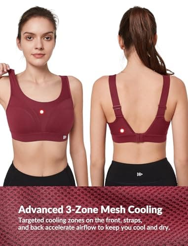 Yvette Supportive Adjustable Sports Bras for Women High Impact Support, Sewn-in Molded Cup Running Bra Large Bust No Bounce, Wireless Comfortable Workout HIIT with Hook & Eye Closure,Wine Red, 3XL+ - Thumbnail 5