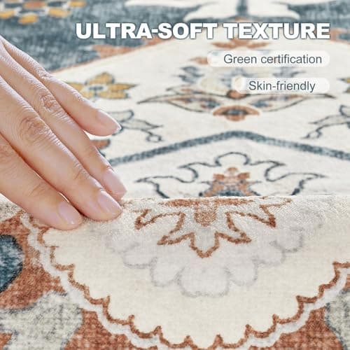Micgeek 8x10 Washable Area Rug: Vintage Neutral Soft Non Slip Thin Large Floor Carpet for Living Room Bedroom Kitchen Dining Room Home Office Farmhouse Indoor - Blue - Thumbnail 4