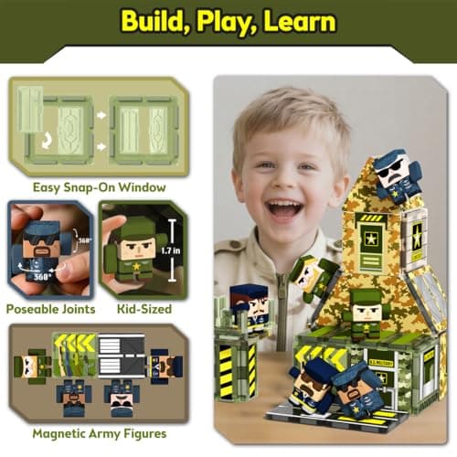 GobiDex 100PCS Army Magnetic Tiles Building Set for Kids, STEM Military Magnetic Building Blocks with 6 Magnetic Army Men, Educational Construction Toys Gift for Boys Girls 3 4 5 6 7 8 9+ Year Old - Thumbnail 2