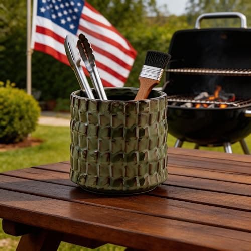 Utensil Crock Kitchen Utensil Holder, 5 Inches Small Ceramic Utensil Holder for Countertop, Unique Embossed Checkered Pattern, Seaweed Green Cooking Utensil Crocks for Kitchen, Home Decor Gift - Thumbnail 5