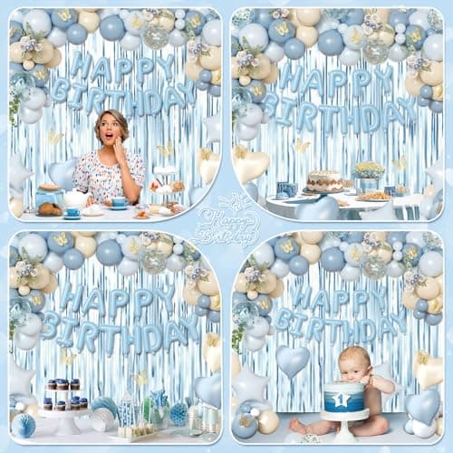 Blue Birthday Decorations, Dusty blue Sand White Confetti Foil Balloons Happy Birthday Banner Gold Butterfly Fringe Curtains, Light Blue Birthday Decorations for Boys Girls Women Men - Thumbnail 6