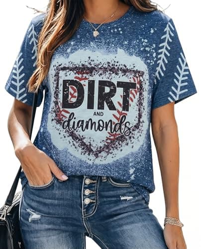Baseball Shirts Women Softball Game Day T-Shirt Dirt and Diamonds Print Shirt Baseball Graphic Tee Tops Bleach Blue - Image 1