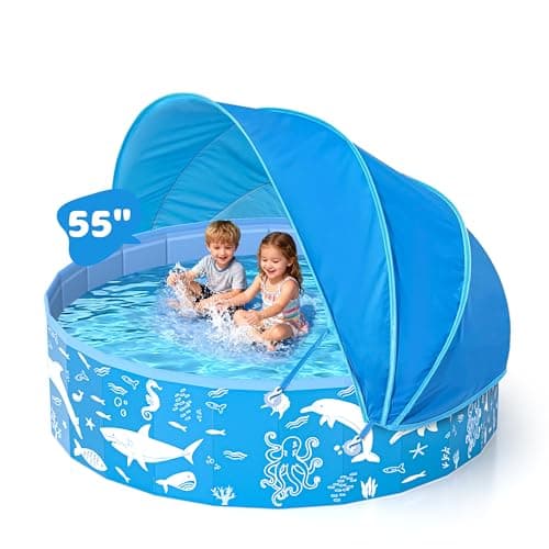 55” Extra Large Kiddie Pool with Canopy, EPN UPF 50+ Sun Shade Baby Pool, No Inflation Foldable Toddler Pool for Backyard Outdoor & Beach, Portable Thickened PVC BPA-Free Kids Water Play Pool, Blue