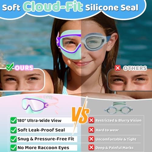 Vvinca Kids Swim Goggles 2 Pack with Nose Cover and Attached Earplugs, Wide View Anti-Fog/UV Swimming Goggles for Age 3-12 Boys Girls, No Leak Pool Water Clear Swimming Goggle for Youth Toddler - Thumbnail 4