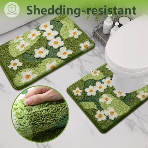 TIQOGRZP Bathroom Rug Set 2 piece Green Flower Bath Mat Set, Cute Bath Mat and U-Shaped Toilet Mat,Ultra Soft Absorbent Non Slip, 32" x 20" Machine Washable Moss Bathroom Mat(Blooming Set, 22" x 20") - Thumbnail 3