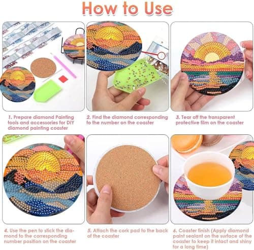 ijbnhd 8 Pcs Sunset Diamond Art Coasters Kits, Sunset Diamond Painting Coasters Kit with Holder, Non Slip Coaster Crafts Kits for Adults Gifts 4x4 inch (Cork Wooden Pad) - Thumbnail 6