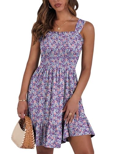 UEAL Womens Summer Dresses Cute Square Neck Knee Length Flowy Floral Sundresses Small Purple Floral - Image 1