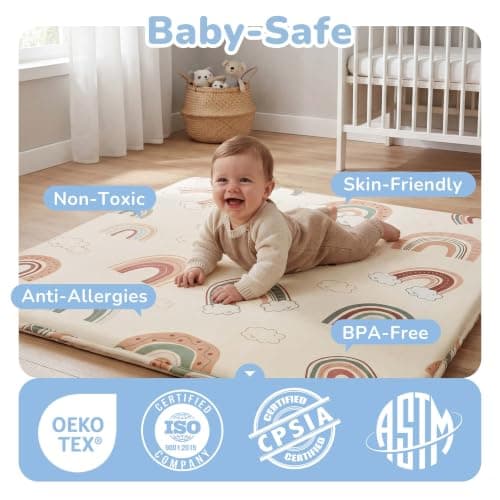 PaPaMat 1.5" Thick 71x59 Baby Play Mat Large Memory Foam Mats for Tummy Time Non-Slip Water-Resistant Crawling Playmat for Nursery Playroom Classroom, Rainbow - Thumbnail 4