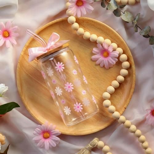KMCCUMBER Cute Glass Cups with Lids and Straws, Teen Girl Birthday Gifts Daisy Iced Coffee Cup, Pink Aesthetic Mug Tumbler for Mothers Day Christmas Valentines Coffee Lover 16oz - Thumbnail 2