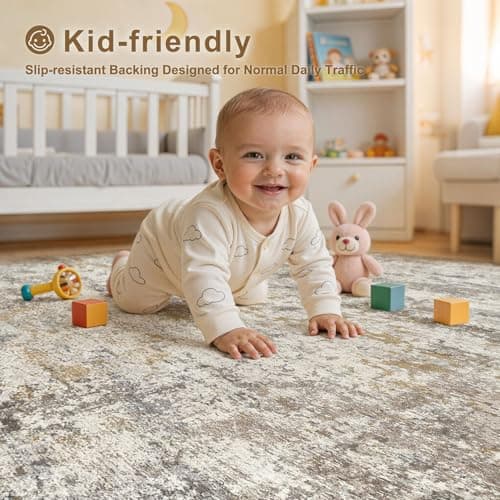 kakania 8x10 Washable Area Rug: Abstract Modern Non Slip Soft Low Pile Carpet, Easy Clean Polyester Kid Pet Friendly, Thin Rug for Living Room Bedroom Kids Dorm Office, Robot Vacuum - Brown Gold - Thumbnail 6