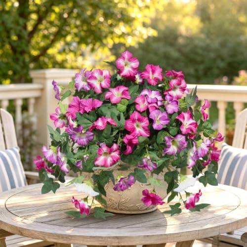 Flortevera Artificial Fake Flowers Plants for Outdoor UV Resistant, 2PCS Silk Faux Petunias No Fade Summer for Outside Planter Front Door Porch Yard Patio Balcony Realistic Decoration Fuchsia White - Thumbnail 4