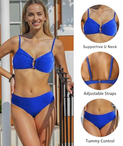 Figninget Women's Bikini Sets Two Piece Swimsuit 2026 U Neck Adjustable Spaghetti Straps Bathing Suit Blue S - Thumbnail 5