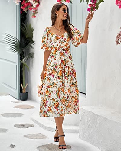 BTFBM Women's Clothing Spring Summer Dresses 2026 Beach Vacation Short Sleeve Smocked Back Boho Casual Floral Maxi Dress(Floral White Orange, XX-Large) - Thumbnail 3