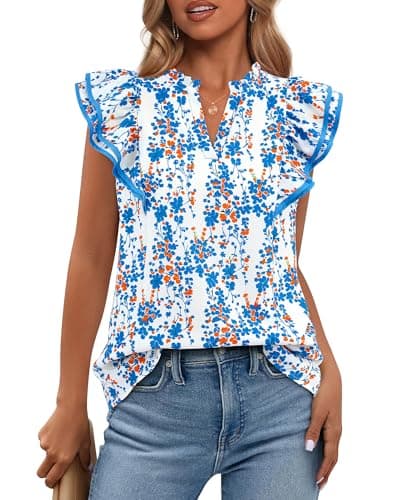 BTFBM Womens Tops Dressy Casual 2026 Spring Summer Shirts Boho Floral V Neck Ruffle Cap Sleeve Business Work Blouses(Floral White Blue, Small) - Image 1