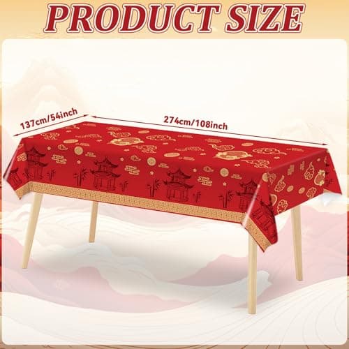 party greeting Hibachi Table Covers 3 Pack Japanese Disposable Plastic Tablecloth 54x108 Inch Chinese Decorations Cultural Tableware Spring Festival Plastic Table Cover for New Year Asian Party（Red） - Thumbnail 2