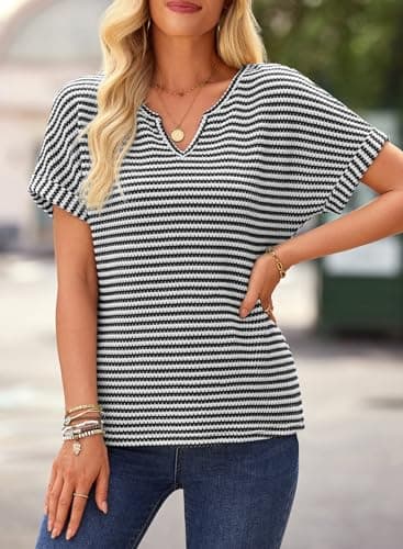 EVALESS Womens 2025 V Neck Striped Cap Short Sleeve T Shirts Fashion Trendy Spring Summer Dressy Casual Tops Loose Fitted Tee Blouses Clothes,White Stripe Large - Thumbnail 2