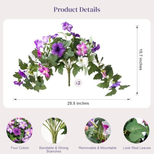 Flortevera Artificial Fake Flowers Plants for Outdoor UV Resistant, 2PCS Silk Faux Petunias No Fade Summer for Outside Planter Front Door Porch Yard Patio Balcony Realistic Decoration Purple White - Thumbnail 2