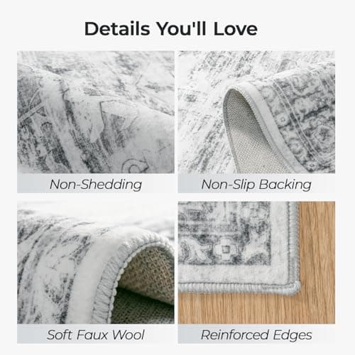 Carpelux 5x7 Washable Area Rugs for Living Room, Soft Faux Wool Carpets for Bedroom Dining Room, Neutral Vintage Distressed Non Slip Stain Resistant Grey White Rug for Home Office Decor - Thumbnail 3