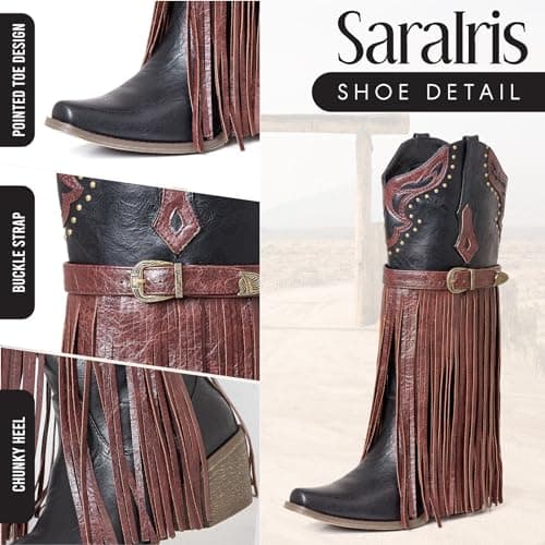 SaraIris Women's Black Cowboy Boots Fringe Boots Knee High Cowgirl Boots Chunky Heel Western Boots Buckle Strap Fashion Pointed Toe Pull On Tassel Boots for Women Size 7.5 - Thumbnail 5