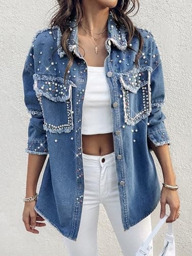 Huang's Women's Embellished Denim Jacket with Shiny Studs Non-Stretch Heavyweight Cotton, Classic Fit, Distressed Detailing Coat (US, Alpha, Medium, Regular, Regular, T234) - Thumbnail 3